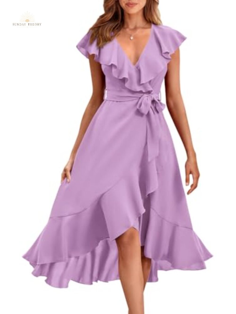 Women's Midi Dress Cross V Neck Ruffle Hem Split Beach Casual